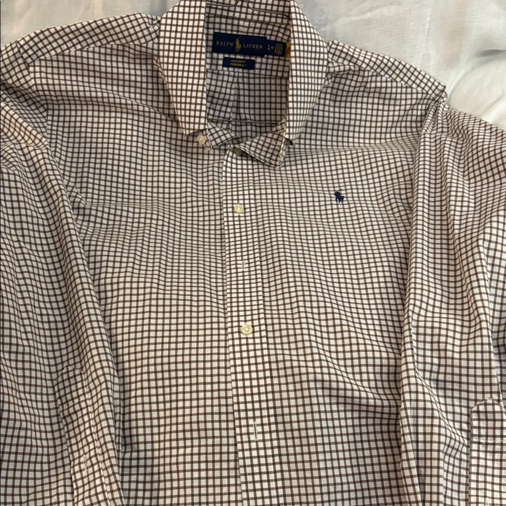 Ralph Lauren Men’s Brown Check Button-Down Shirt  Large custom fit 17.